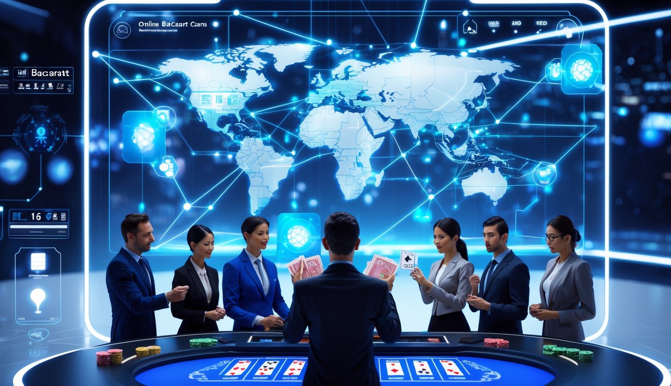 Sekelompok profesional dan pemain beragam berinteraksi dengan kartu baccarat holografik di depan peta dunia dengan koneksi digital yang menunjukkan perkembangan industri iGaming global tahun 2026.