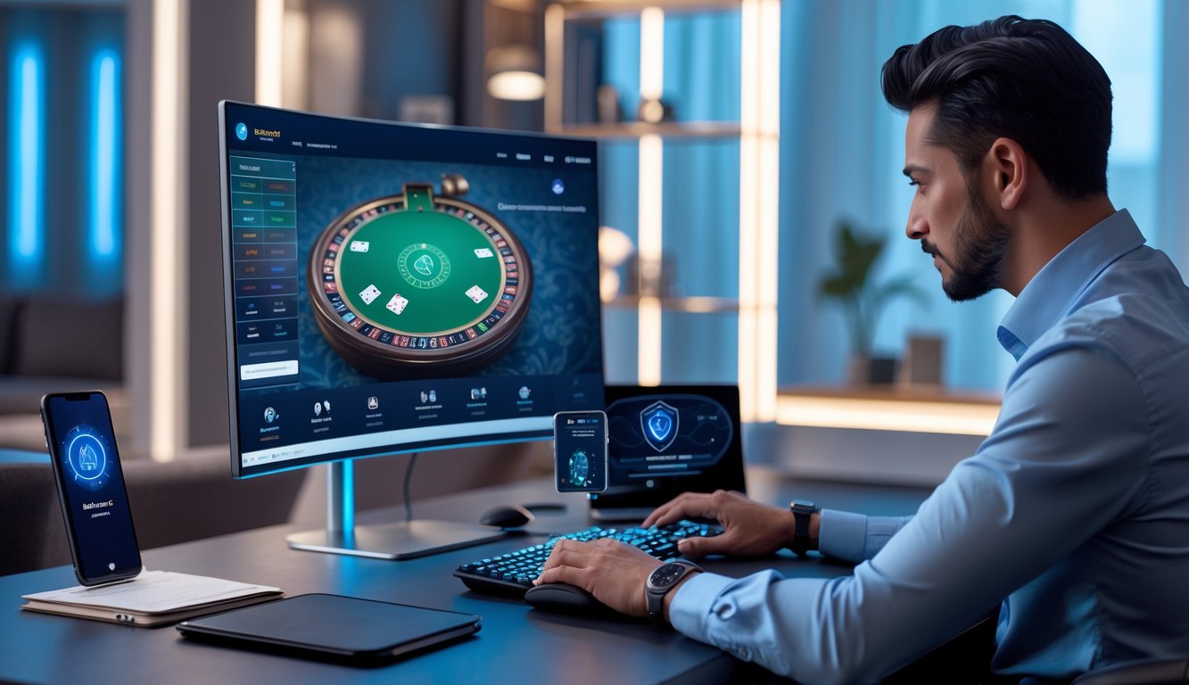 Seorang pemain dewasa sedang bermain baccarat online di ruang permainan modern dengan monitor besar dan peralatan komputer.