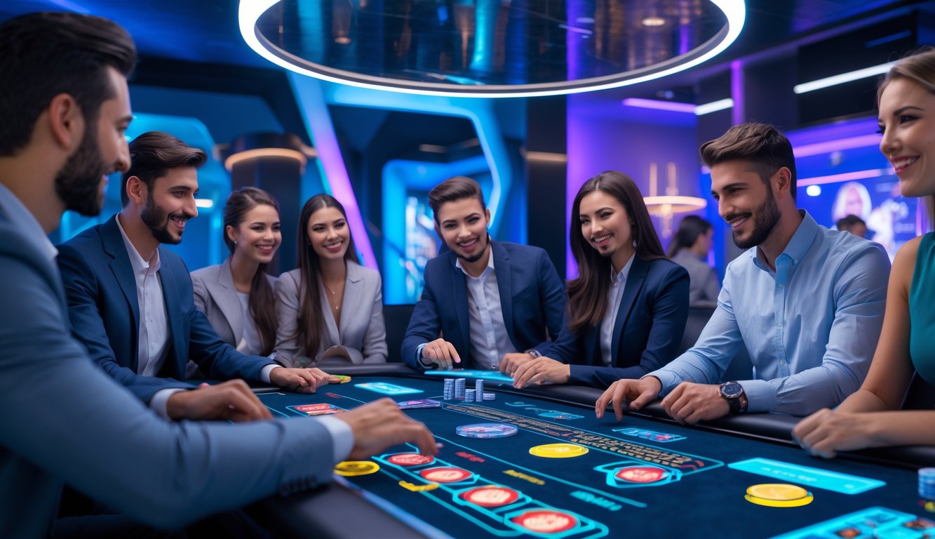 Sekelompok orang muda bermain baccarat online menggunakan layar sentuh futuristik di ruang permainan modern dengan pencahayaan biru dan ungu.