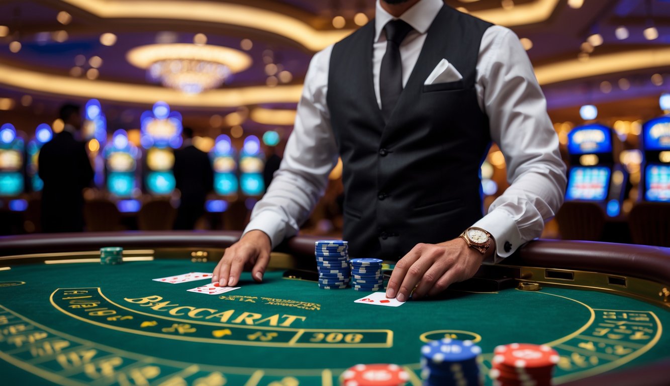 Meja Baccarat di kasino dengan dealer yang sedang membagikan kartu dan tumpukan chip, suasana kasino yang mewah dan ramai.