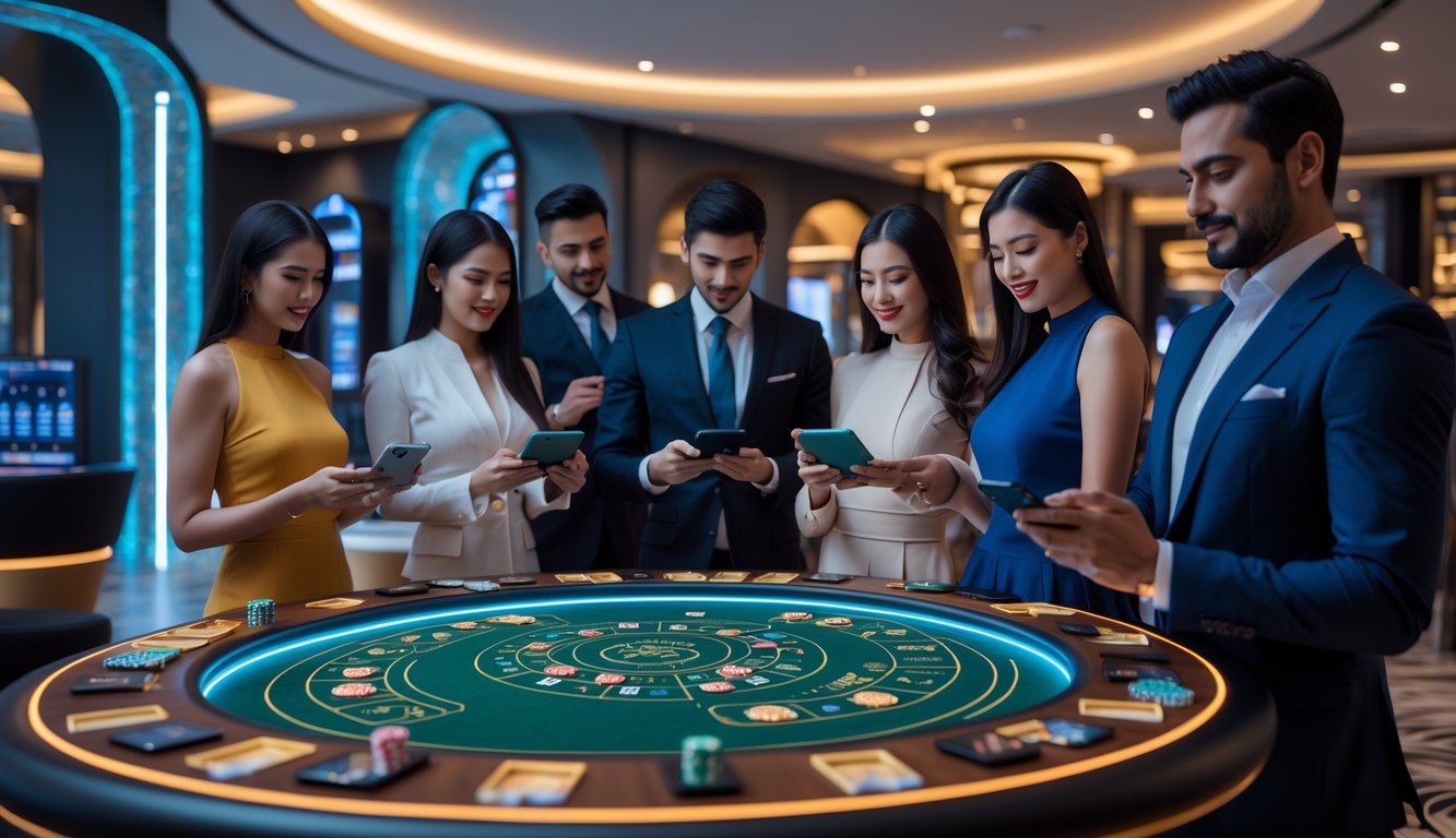 Sejumlah orang bermain baccarat online menggunakan perangkat digital di sebuah ruang bergaya modern dengan pencahayaan hangat.