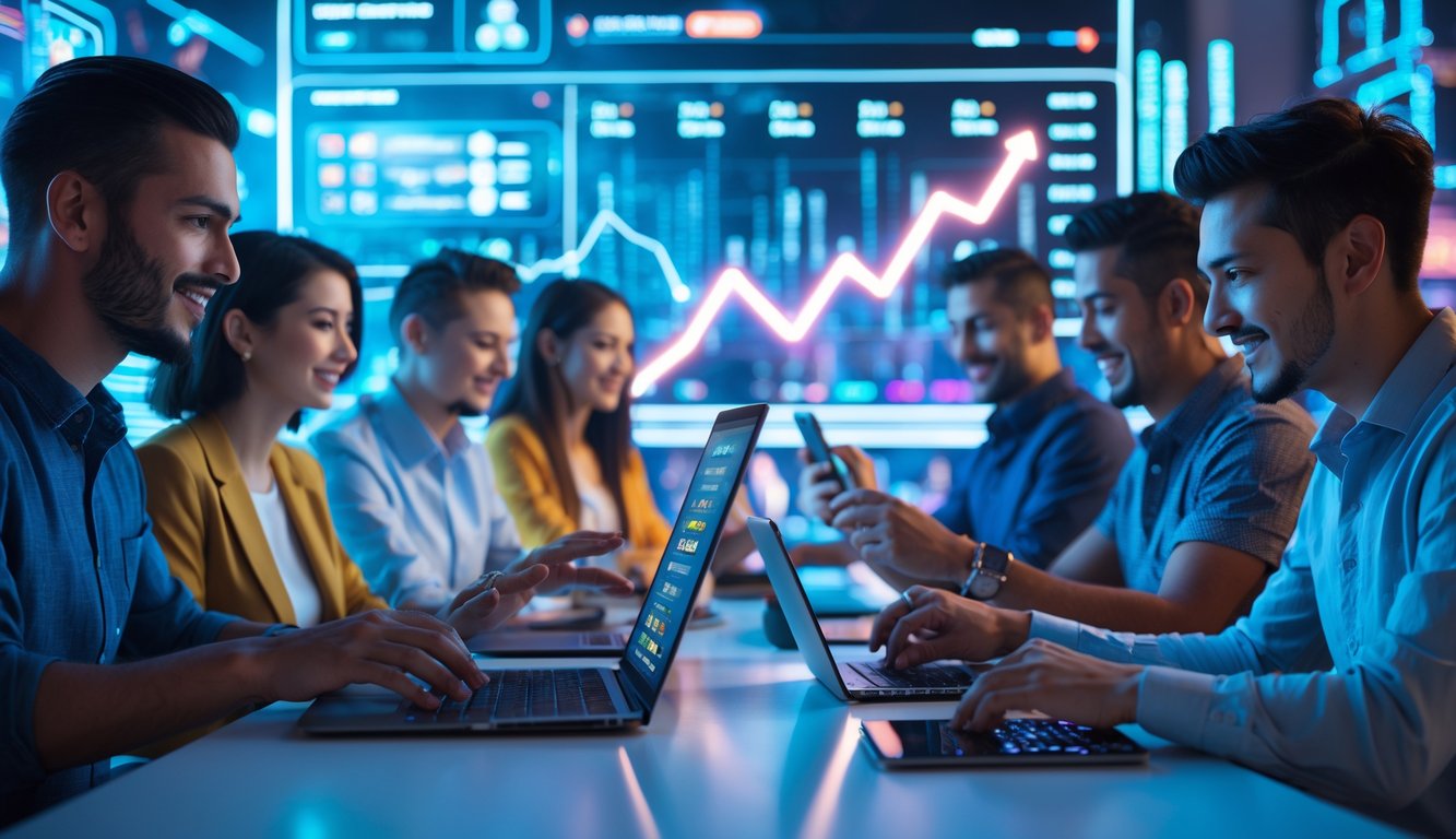 Beberapa orang menggunakan perangkat digital untuk bermain judi online di lingkungan modern dengan elemen futuristik dan grafik tren naik.