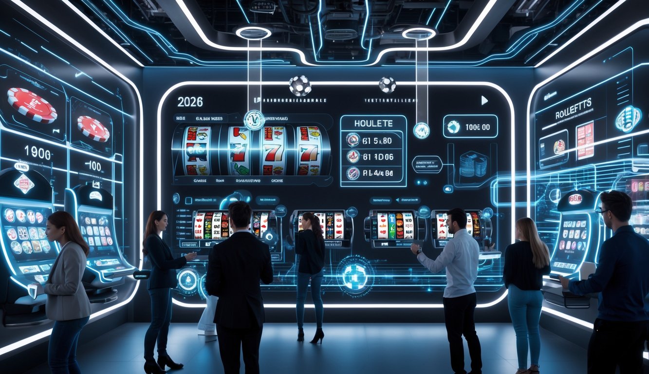 Orang-orang menggunakan perangkat futuristik di lingkungan perjudian online dengan tampilan digital dan cahaya neon.