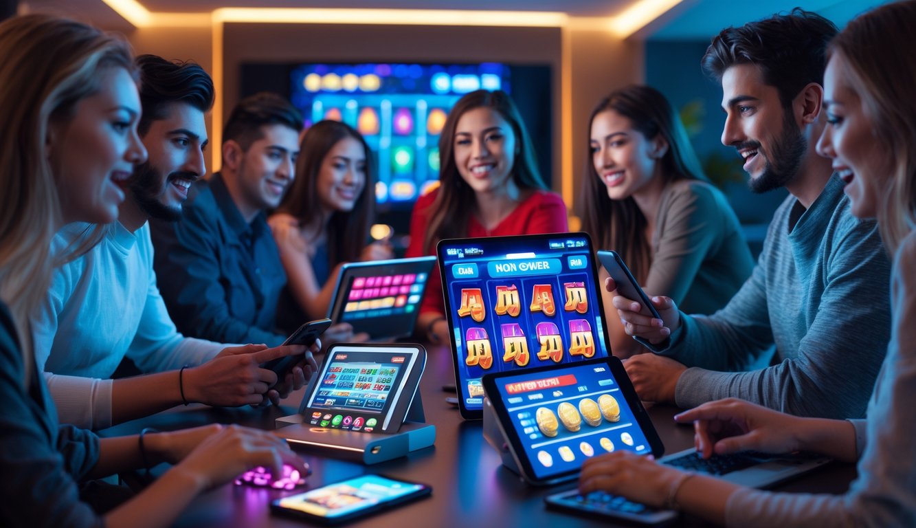 Sekelompok orang muda bermain judi online menggunakan berbagai perangkat digital di ruang tamu modern.