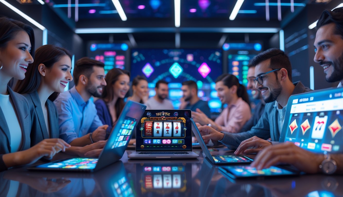 Sekelompok orang menggunakan berbagai perangkat digital untuk bermain game judi online di ruangan modern dengan pencahayaan terang.