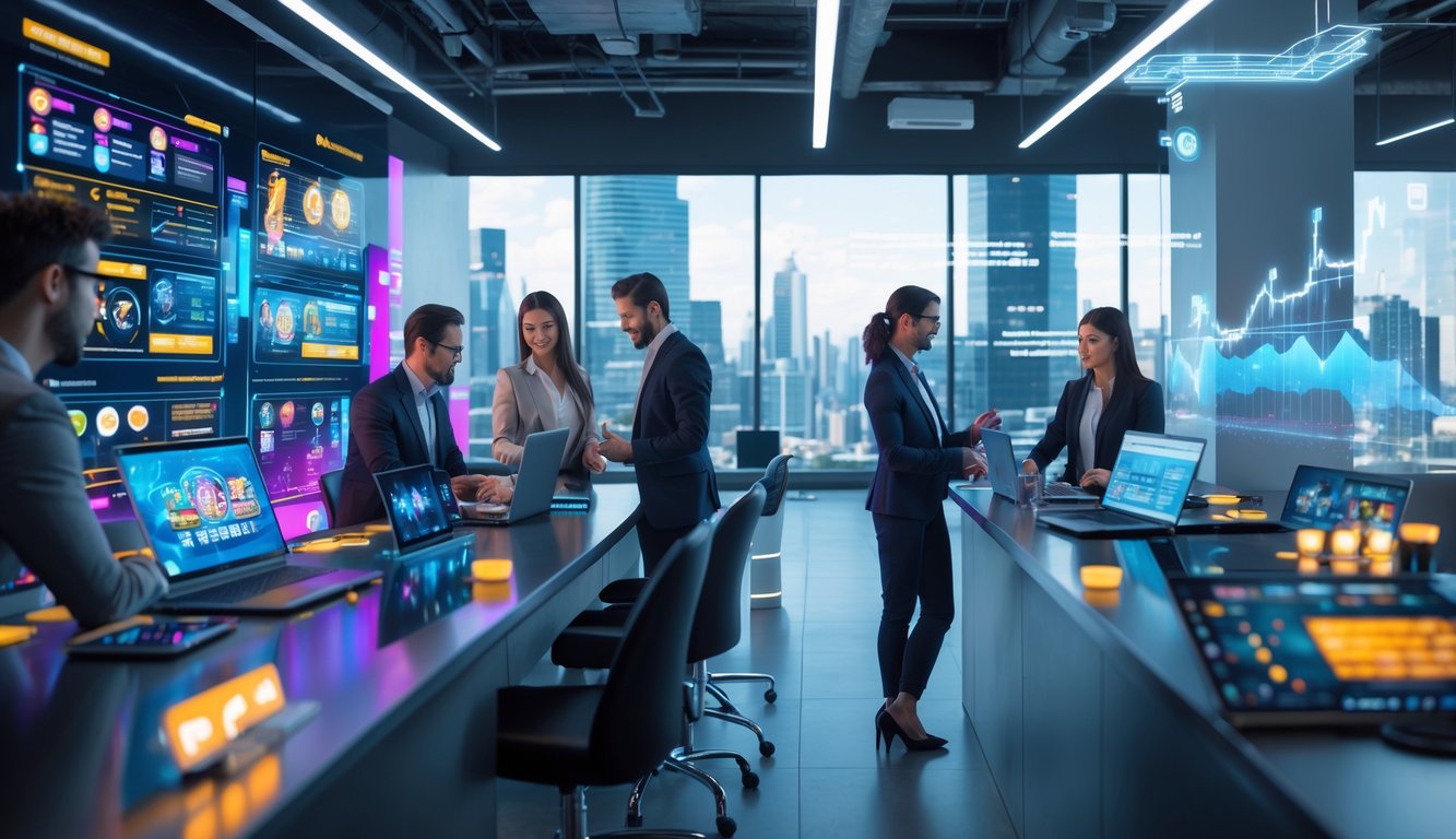 Orang-orang bekerja bersama di ruang kantor modern dengan perangkat digital yang menampilkan permainan judi online dan grafik data, di latar belakang terlihat pemandangan kota.