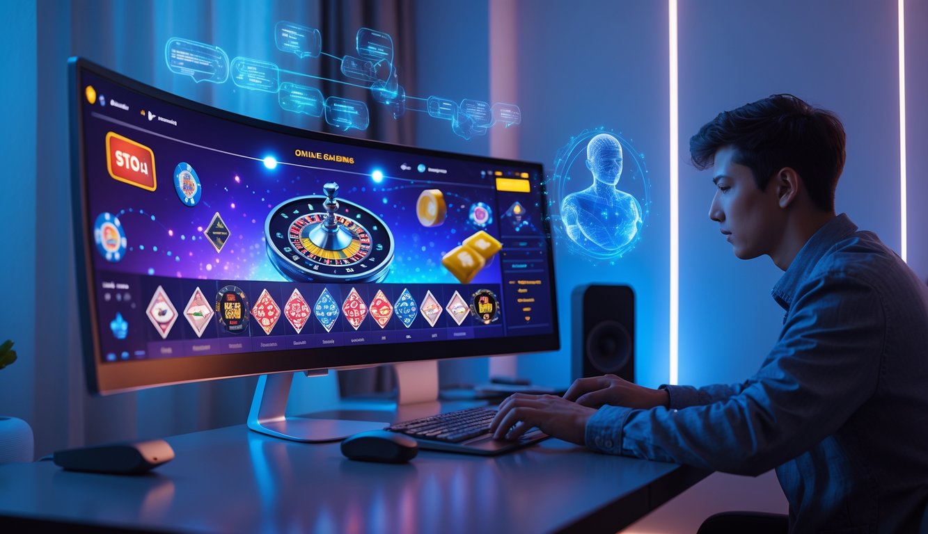 Seseorang sedang menggunakan komputer dengan tampilan kasino virtual dan elemen teknologi AI di lingkungan rumah modern.