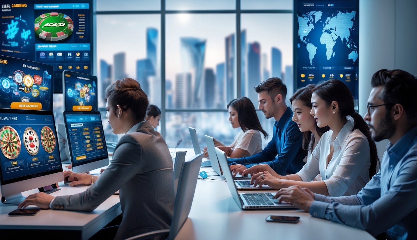 Beberapa orang muda menggunakan komputer dan ponsel di ruang kerja modern dengan layar yang menampilkan permainan judi online dan peta jaringan global.