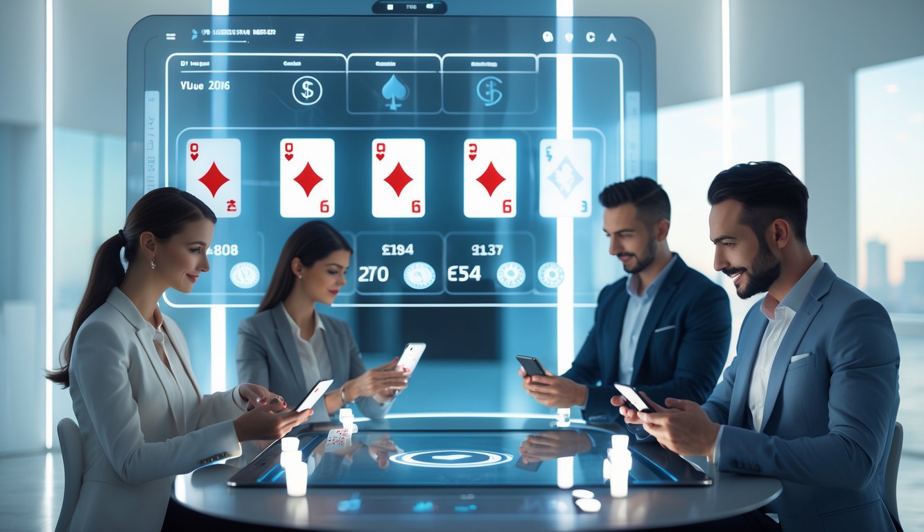 Sekelompok orang bermain permainan kartu online dengan perangkat digital di ruangan modern yang terang dan bersih.