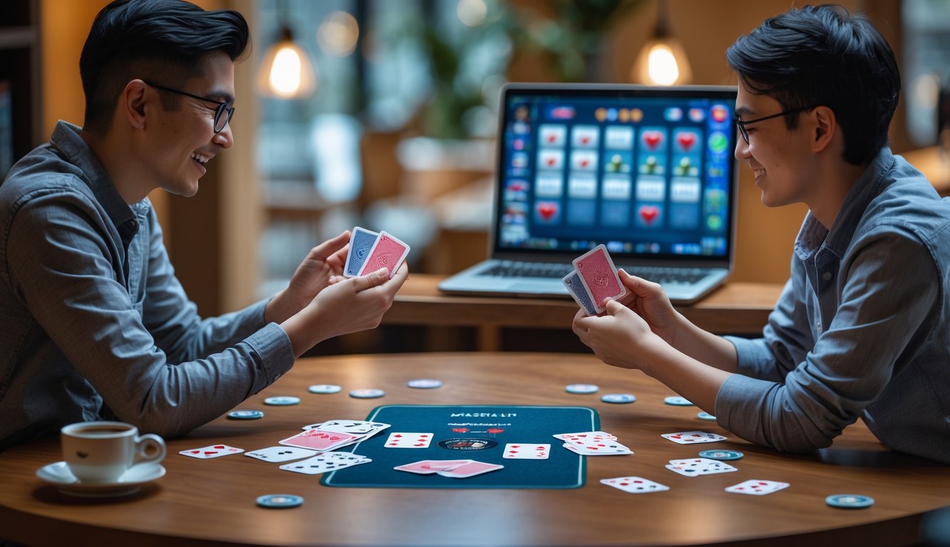 Dua orang bermain kartu Capsa di meja kayu dengan tumpukan kartu dan chip poker, suasana hangat dan fokus.