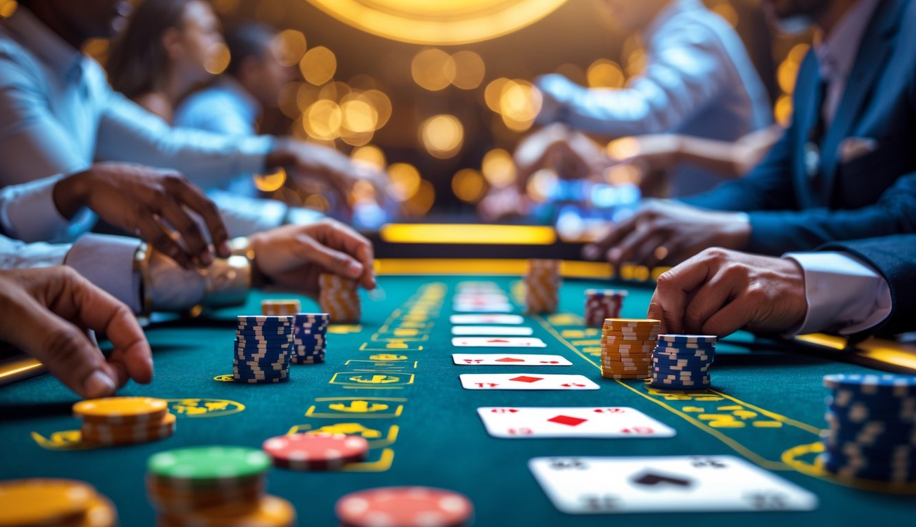 Meja permainan kasino dengan kartu remi dan chip poker berwarna-warni di ruangan yang terang dan hangat, menampilkan suasana kemenangan dan peluang menang yang tinggi.