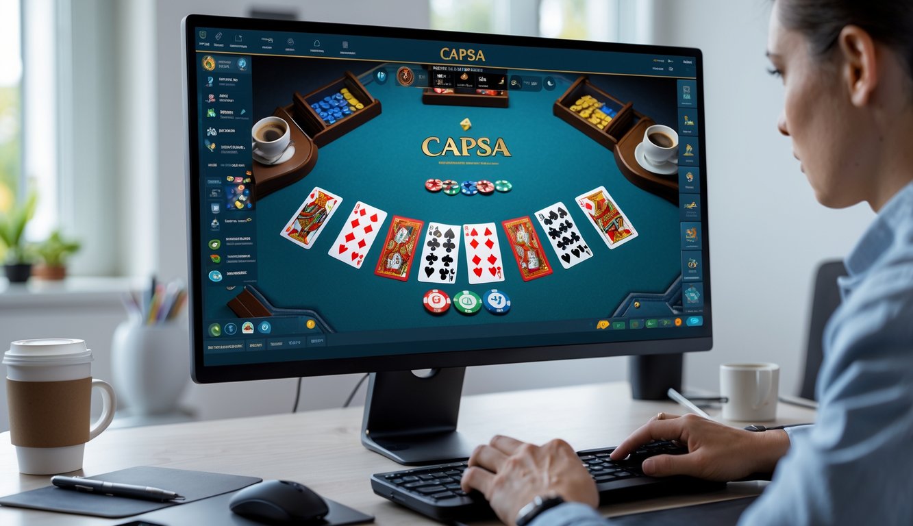 Seseorang bermain judi Capsa secara online di depan komputer dengan kartu dan chip di layar, di meja kerja yang rapi.