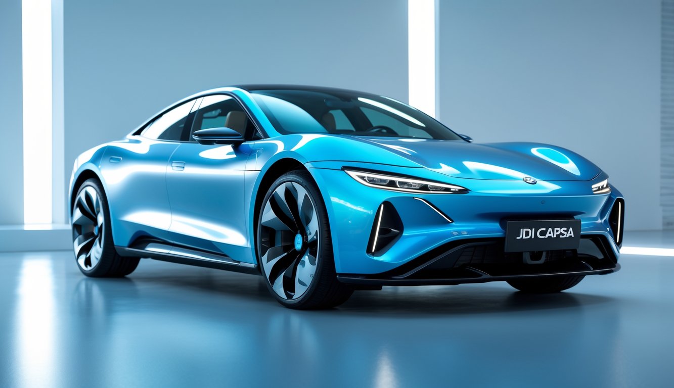 Mobil modern berwarna biru metalik dengan desain aerodinamis dipajang di studio yang terang dan minimalis.