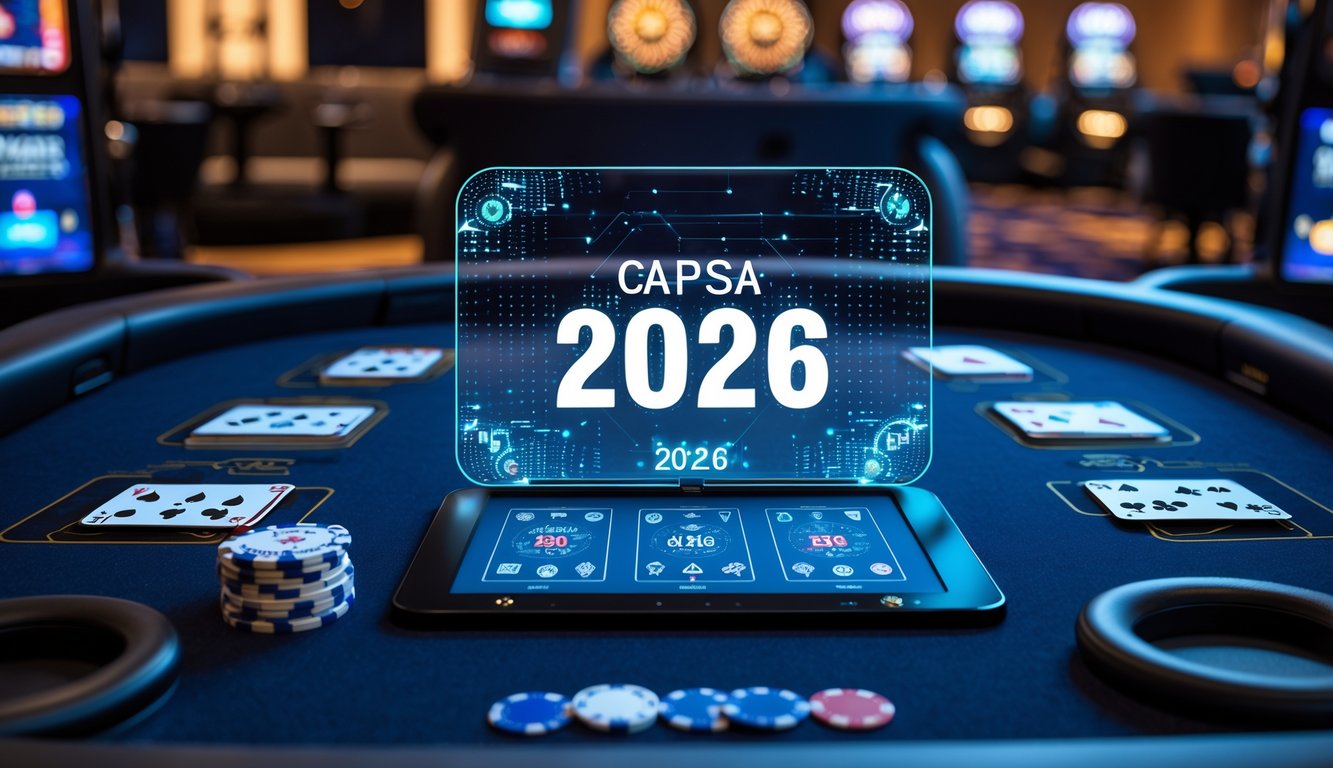 Meja permainan Capsa dengan kartu dan chip digital modern di satu sisi dan setup tradisional di sisi lain, menunjukkan perbedaan antara versi 2026 dan versi sebelumnya.