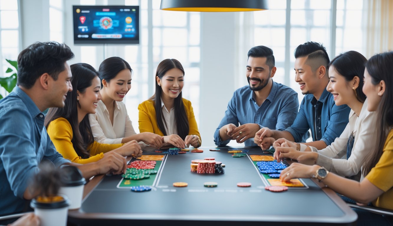Sekelompok orang bermain permainan kartu Judi Capsa di sekitar meja dalam ruangan terang dengan jendela besar.
