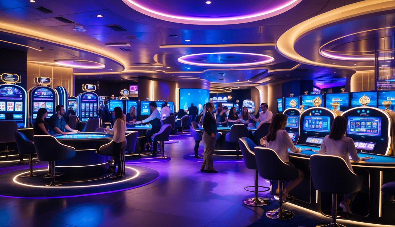 Orang-orang bermain berbagai permainan kasino di lingkungan kasino modern dengan teknologi canggih dan pencahayaan warna-warni.