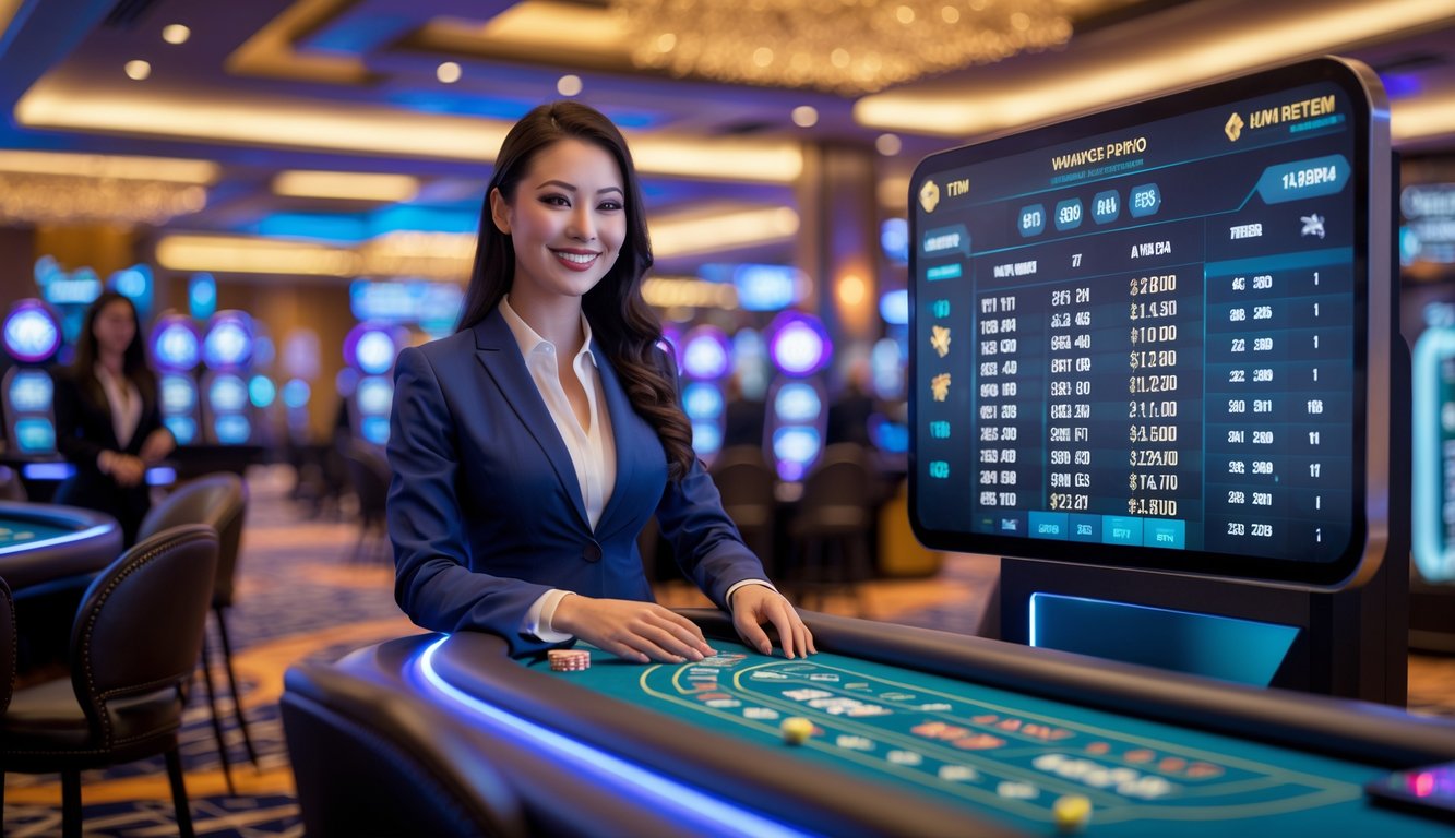 Seorang dealer kasino profesional di meja permainan modern dengan layar digital dan suasana kasino yang hidup.