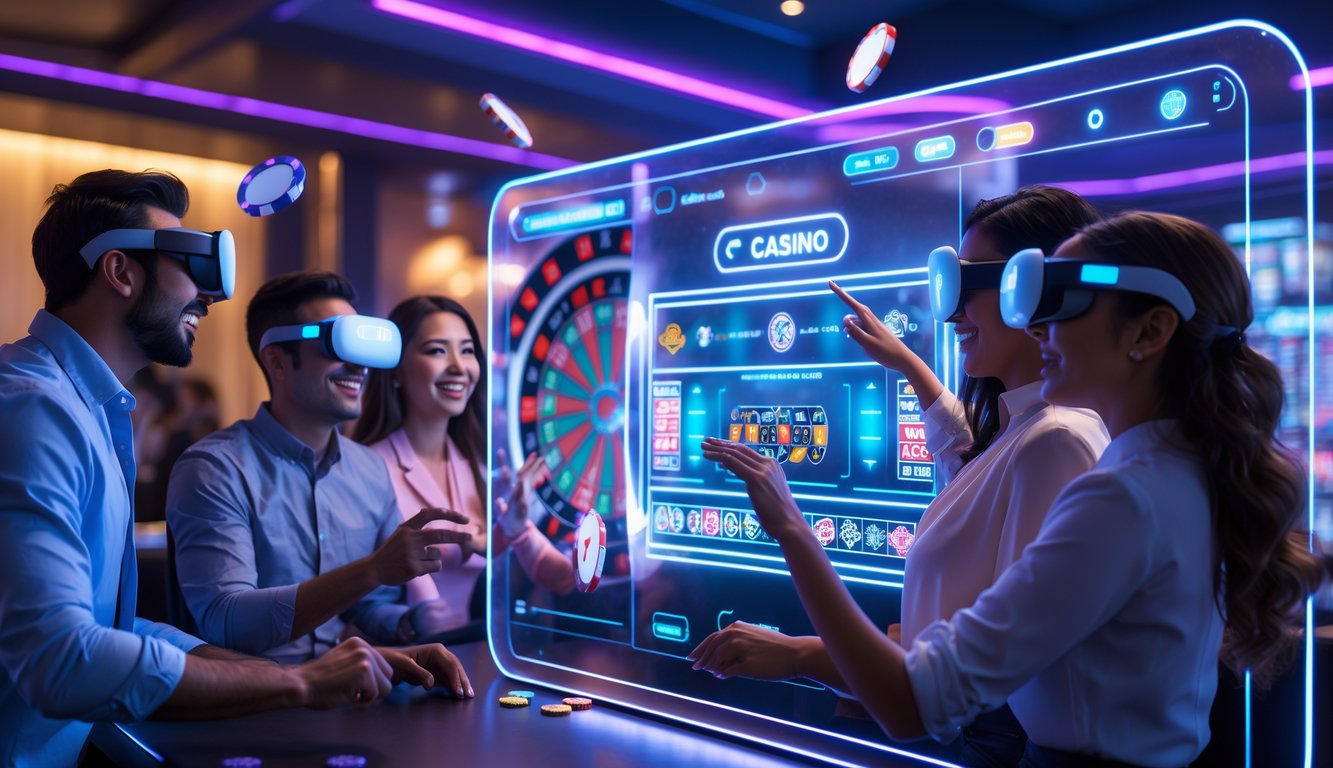 Orang-orang berinteraksi dengan teknologi kasino online futuristik di ruang bergaya modern dengan layar holografik dan elemen permainan mengambang.