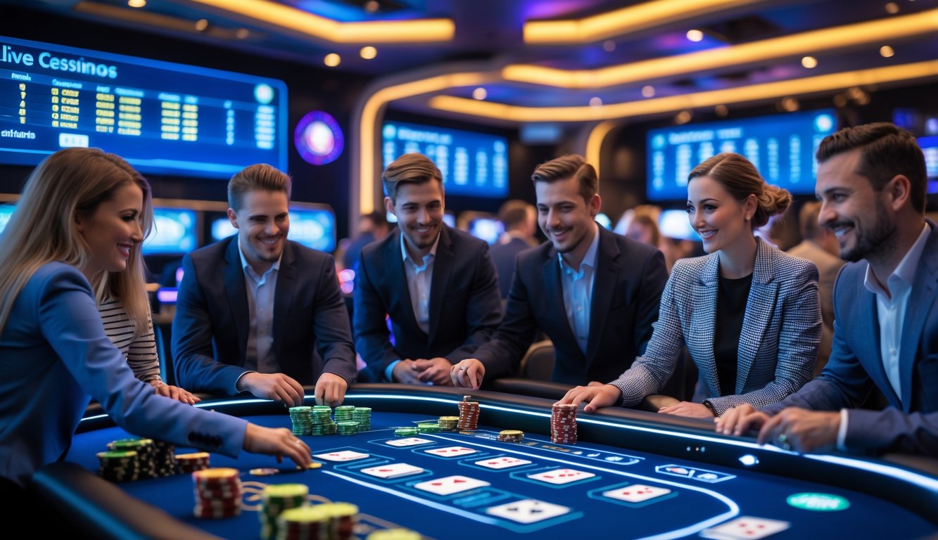 Sejumlah pemain modern sedang bermain di meja kasino dengan teknologi canggih dan pencahayaan neon.