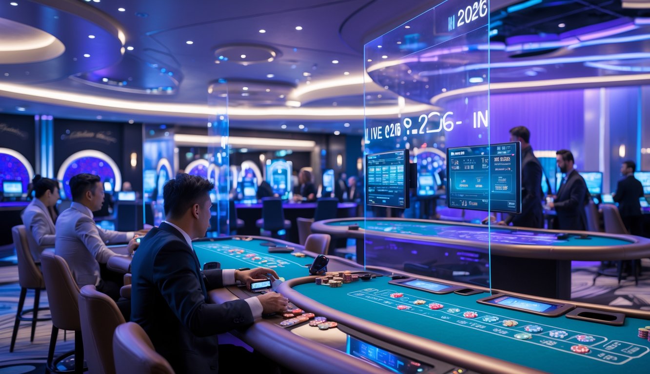Suasana kasino modern dengan meja permainan langsung dan teknologi canggih, menampilkan dealer dan pemain yang berinteraksi secara real-time.