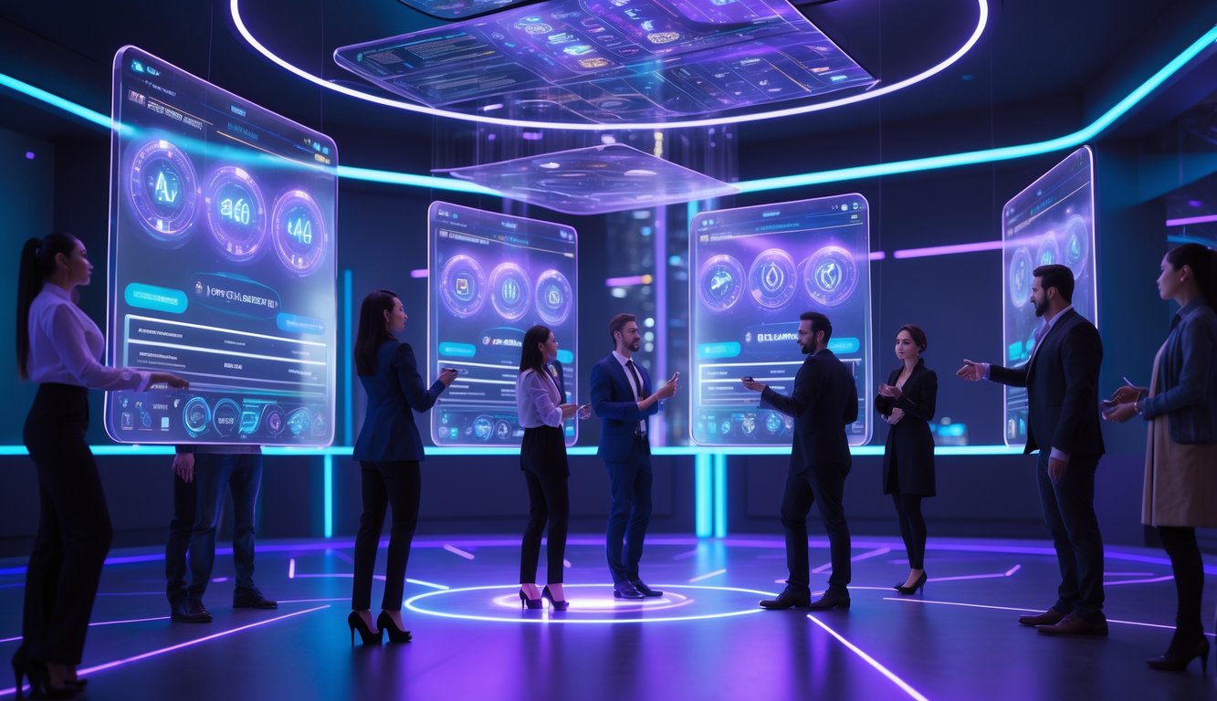 Orang-orang berinteraksi dengan layar holografik di kasino online futuristik yang menggunakan teknologi AI.