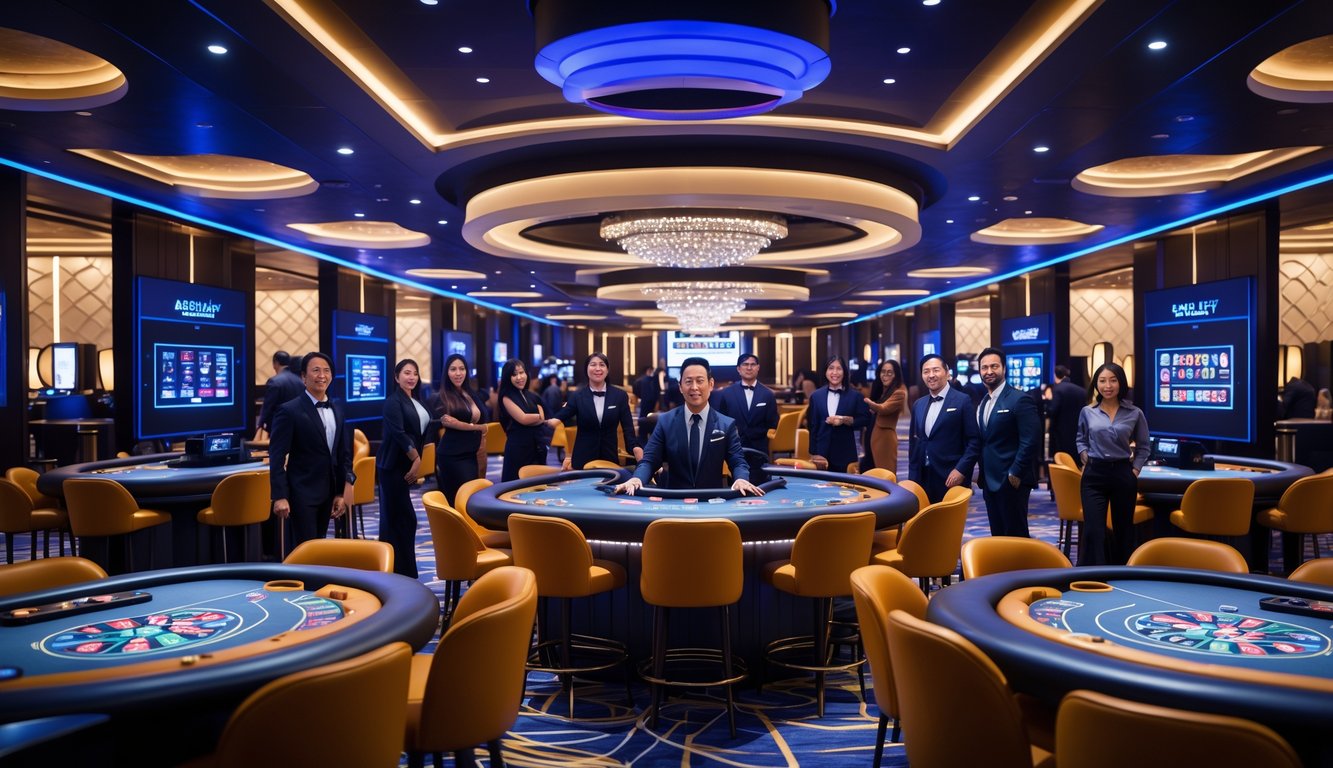 Suasana kasino langsung modern dengan meja permainan dan dealer profesional, pemain yang asyik bermain di lingkungan yang mewah dan terang.