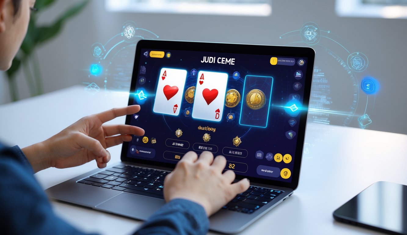 Seseorang menggunakan perangkat digital untuk bermain judi ceme online dengan tampilan antarmuka permainan kartu yang modern dan futuristik.