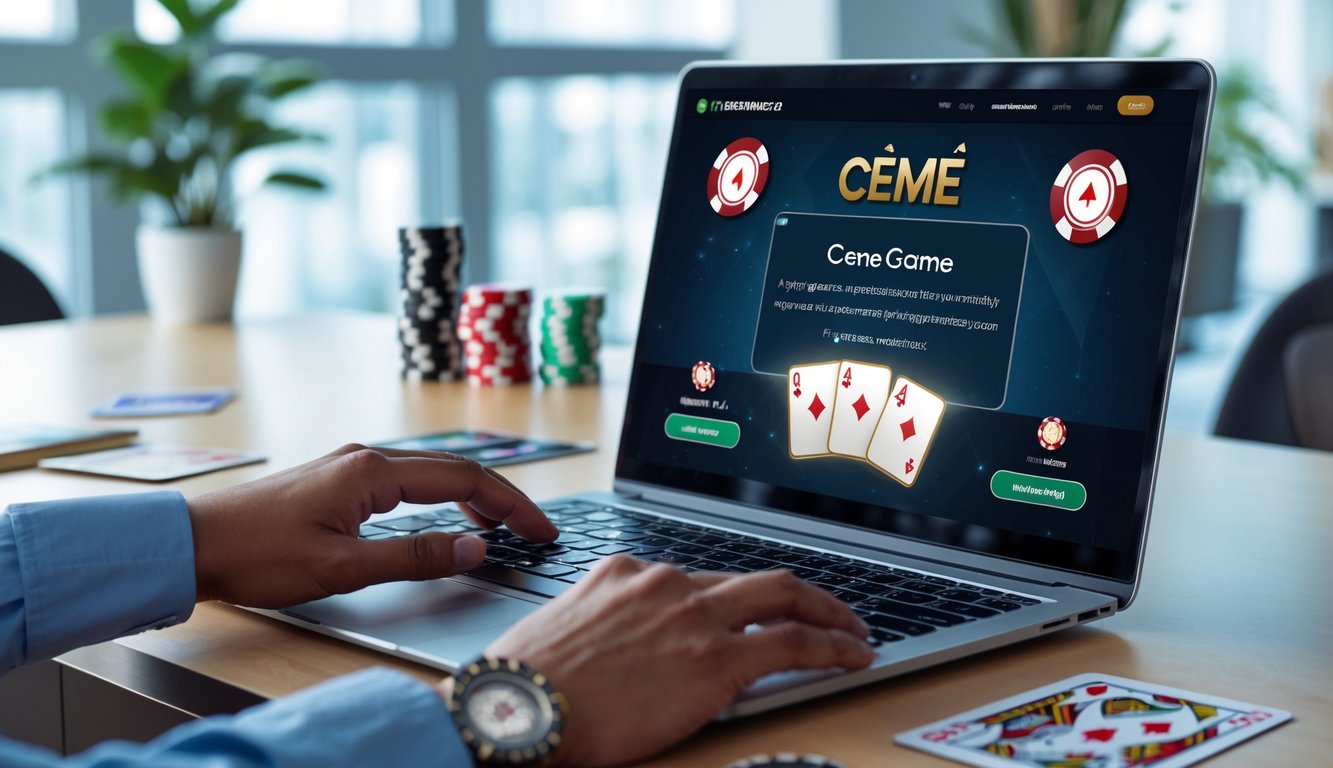 Seorang pria sedang menggunakan laptop di meja kerja dengan chip poker dan kartu remi di sekitarnya.