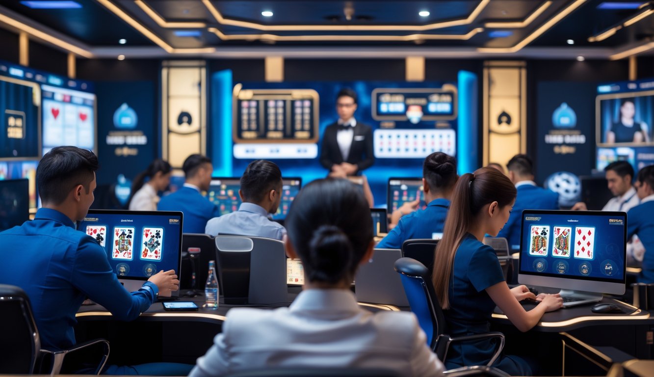 Seorang dealer profesional sedang memimpin permainan kartu online dengan beberapa pemain yang fokus bermain di perangkat mereka dalam ruangan modern.