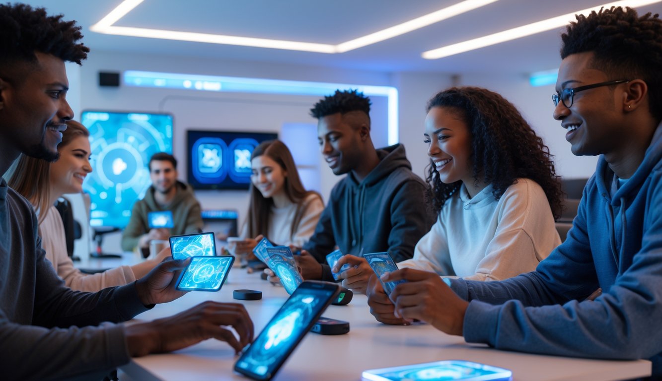 Sekelompok orang muda sedang bermain game kartu online di ruangan modern dengan perangkat digital dan layar holografik.