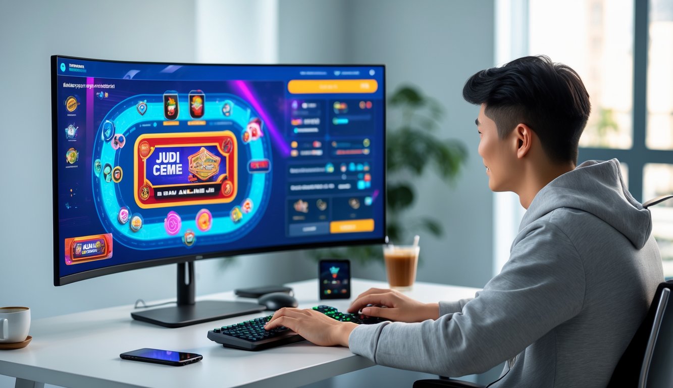 Seorang dewasa muda duduk di depan komputer dengan tampilan permainan Judi Ceme online yang modern dan mudah diakses.