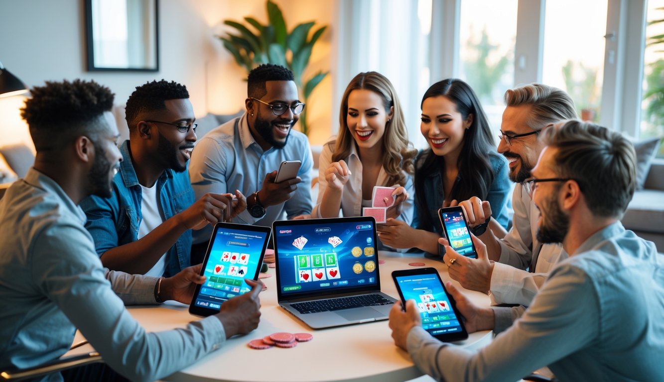 Sekelompok orang dewasa bermain permainan kartu online di ruang tamu modern dengan ekspresi antusias dan konsentrasi.