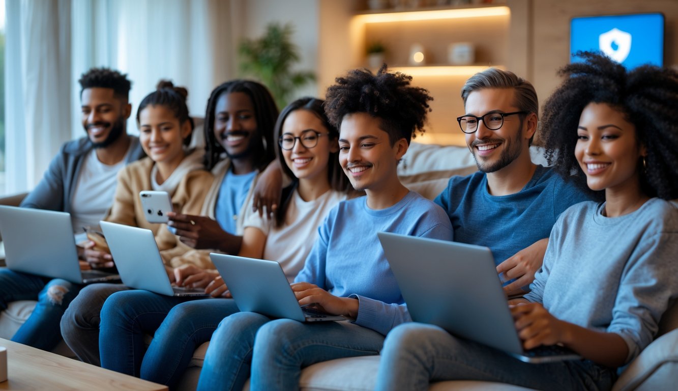 Sekelompok orang dari berbagai usia dan latar belakang bermain game online dengan perangkat digital di ruang tamu yang nyaman dan aman.