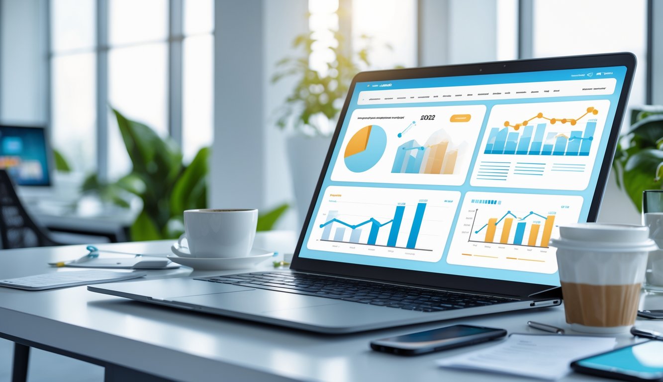 Sebuah ruang kerja modern dengan laptop menampilkan grafik dan smartphone di atas meja, dikelilingi tanaman dan cahaya alami dari jendela besar.
