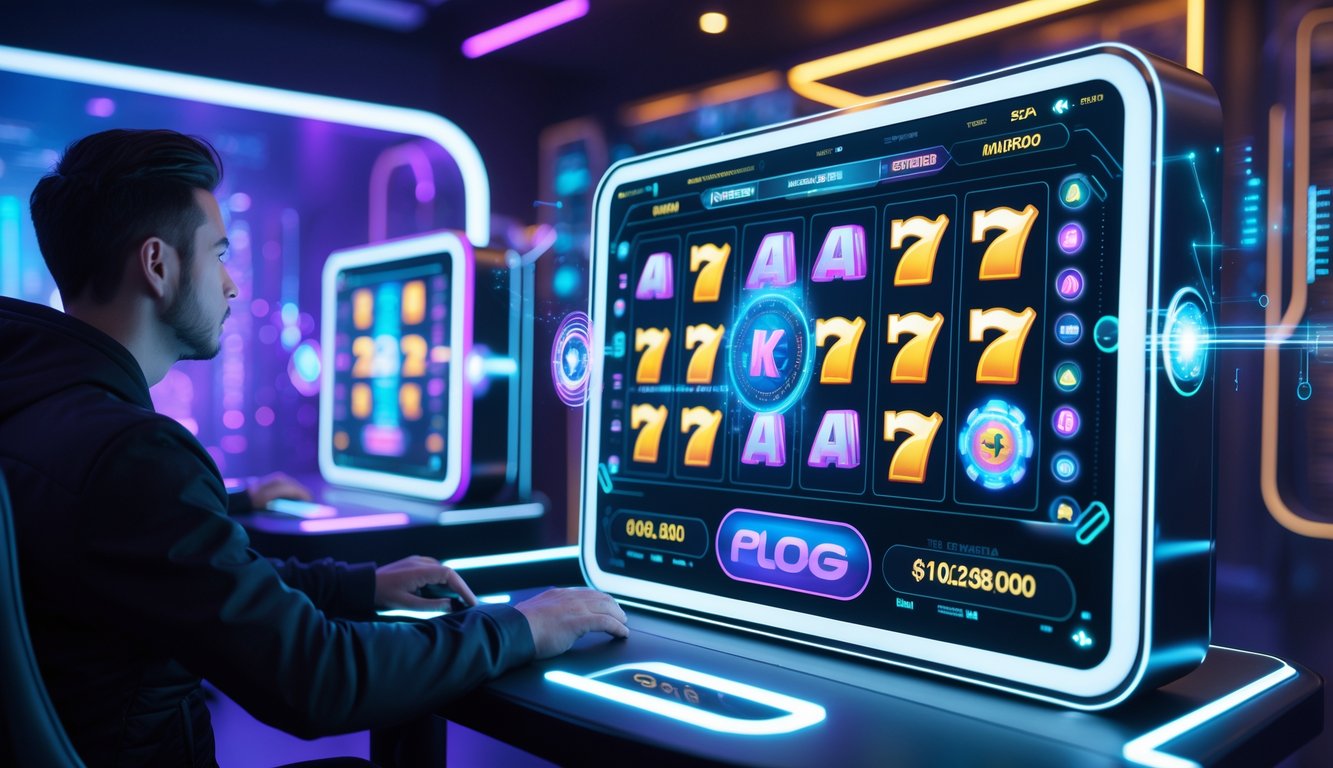 Seorang pengguna berinteraksi dengan mesin slot online futuristik di ruangan permainan modern dengan pencahayaan biru dan ungu.