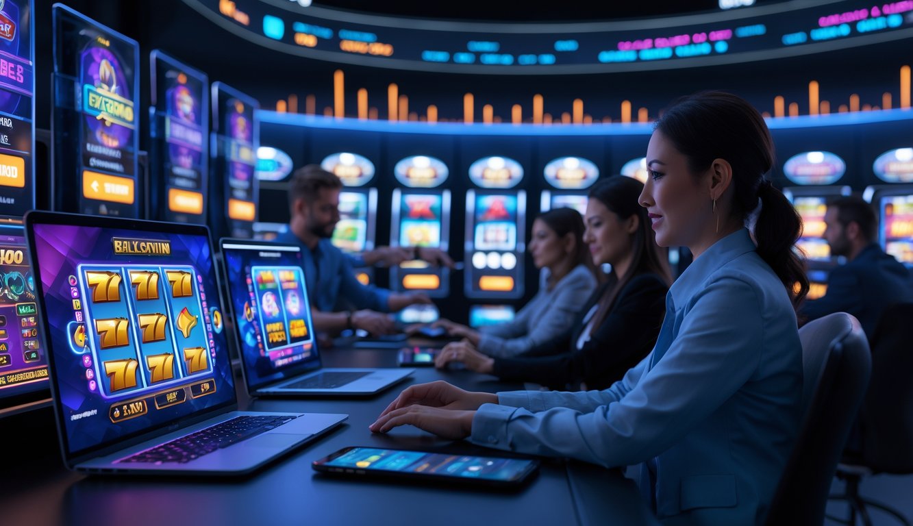 Beberapa orang sedang bermain mesin slot online di laptop dan ponsel di lingkungan modern dengan layar menampilkan grafik permainan.