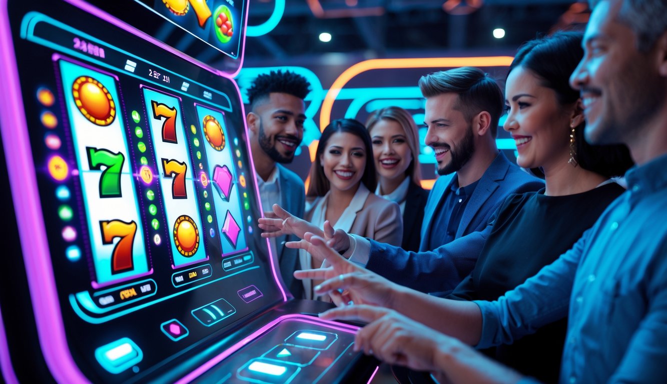 Orang-orang bermain mesin slot online dengan antarmuka digital futuristik dan layar holografik di lingkungan permainan modern.