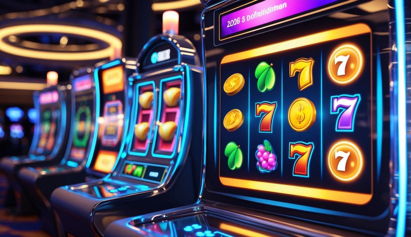 Antarmuka mesin slot online futuristik dengan desain modern dan animasi canggih di lingkungan kasino gelap.