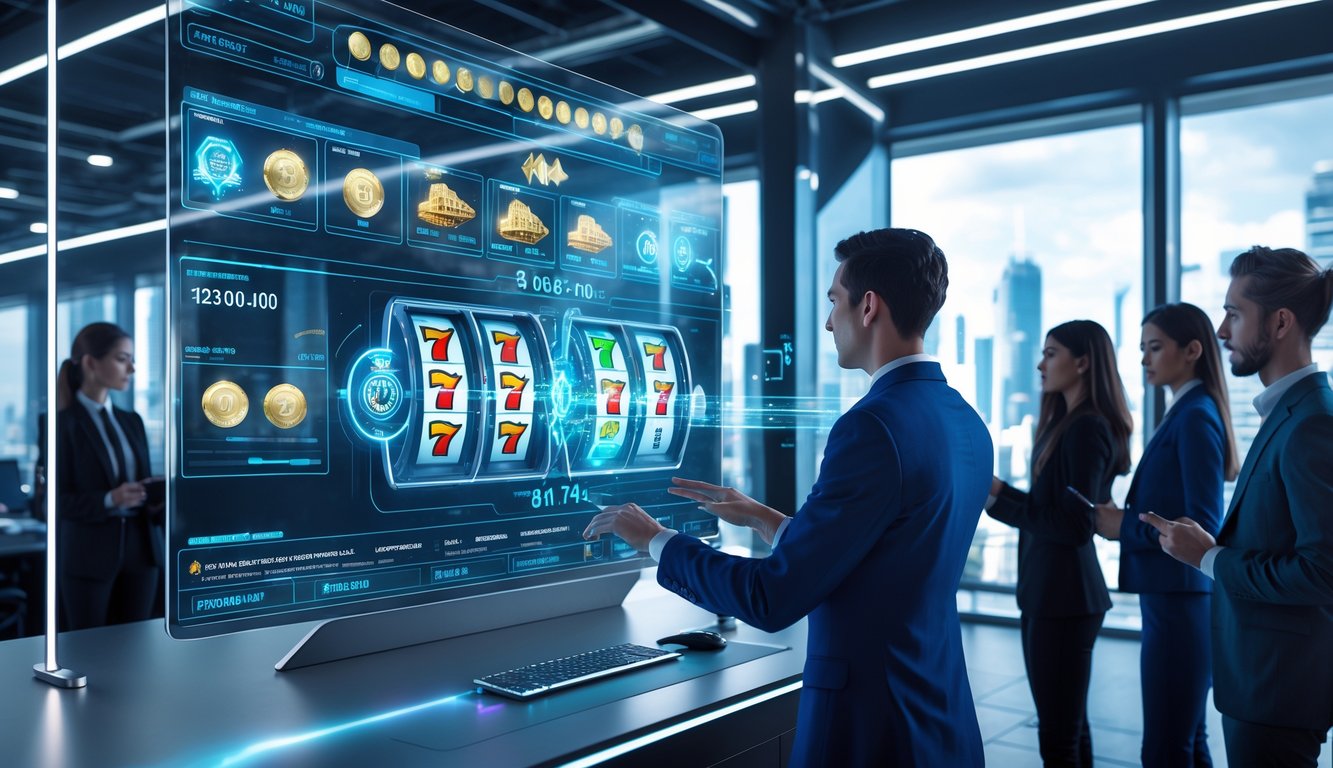 Sekelompok profesional muda menggunakan teknologi canggih dengan layar digital menampilkan grafik mesin slot dan data di ruang kerja modern.