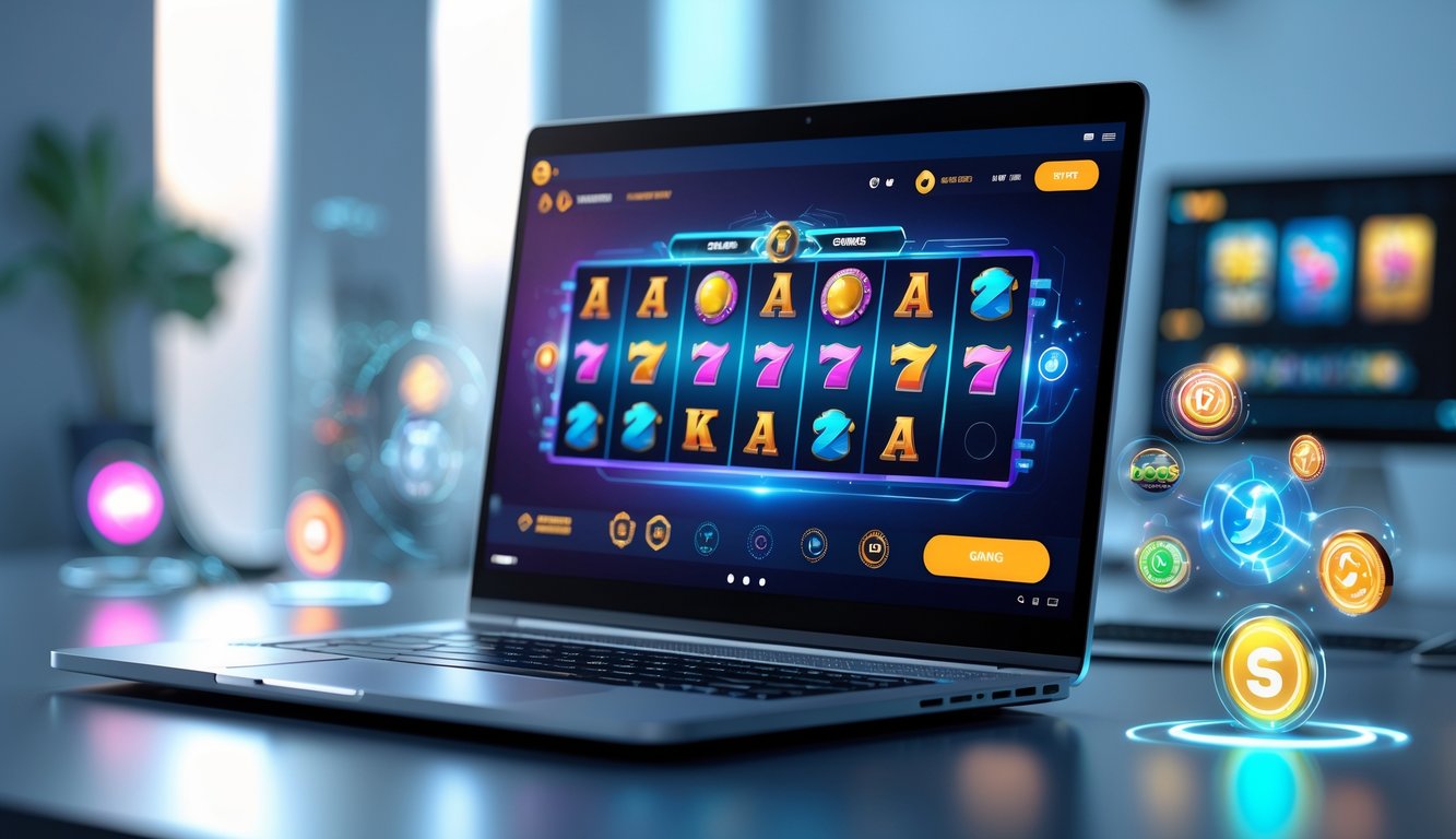 Seorang profesional menggunakan komputer dengan tampilan permainan slot online yang berwarna-warni di meja kerja yang rapi.