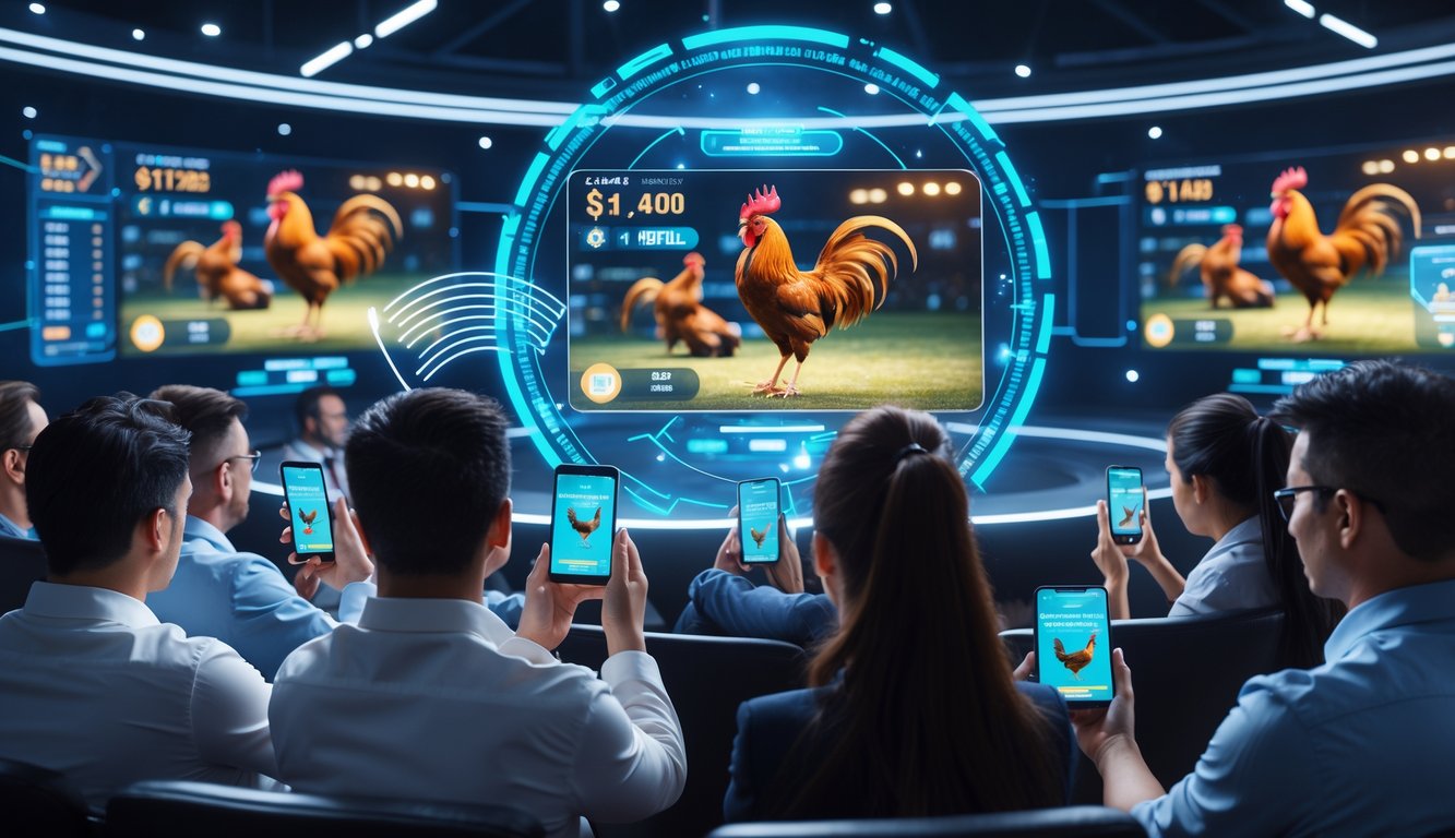 Sekelompok orang menonton pertandingan sabung ayam secara online dengan layar besar menampilkan ayam bertarung dan perangkat digital di tangan mereka.