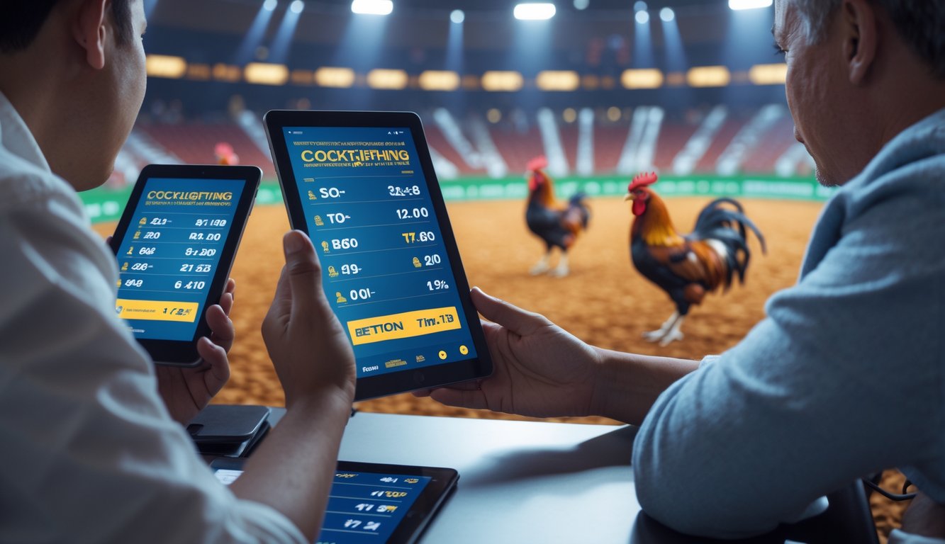 Orang-orang menggunakan perangkat digital untuk bertaruh pada pertandingan sabung ayam di arena dalam ruangan.