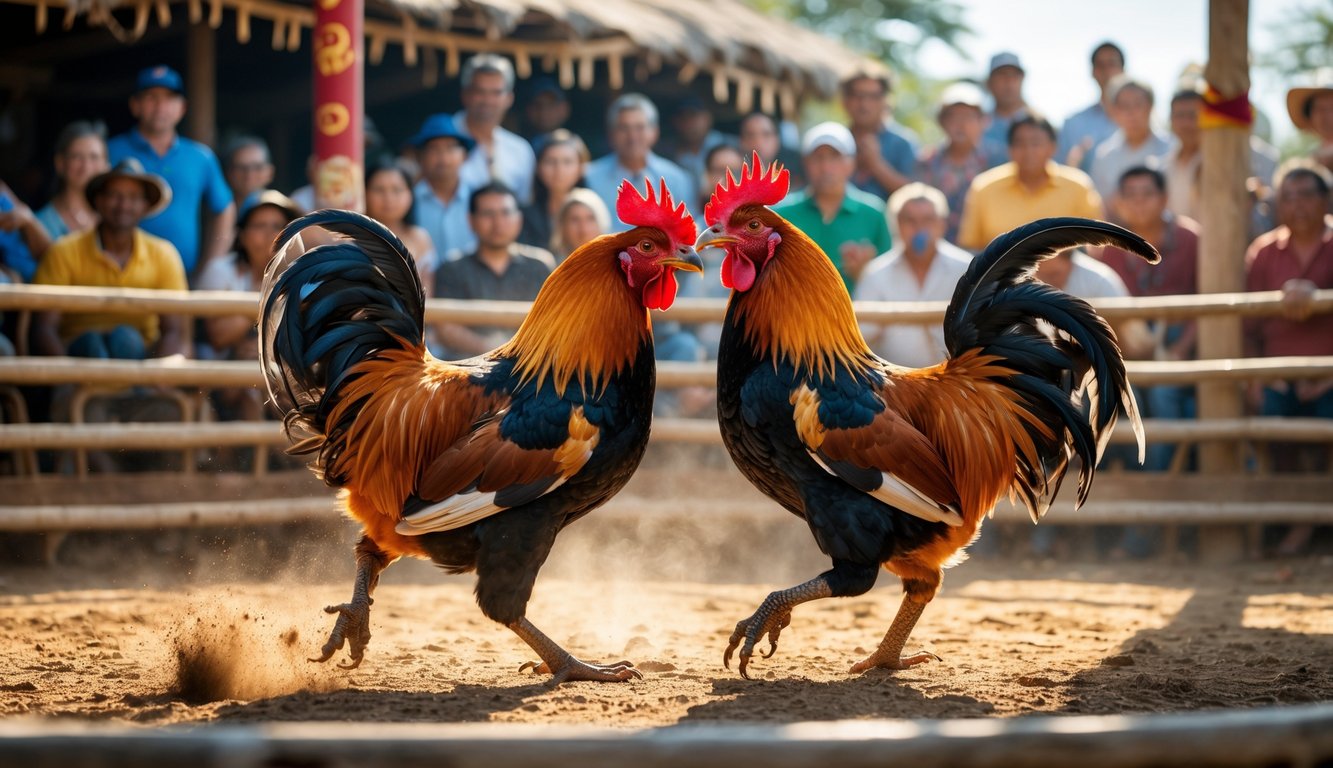 Dua ayam jago sedang bertarung di arena dengan penonton yang antusias di sekitarnya.
