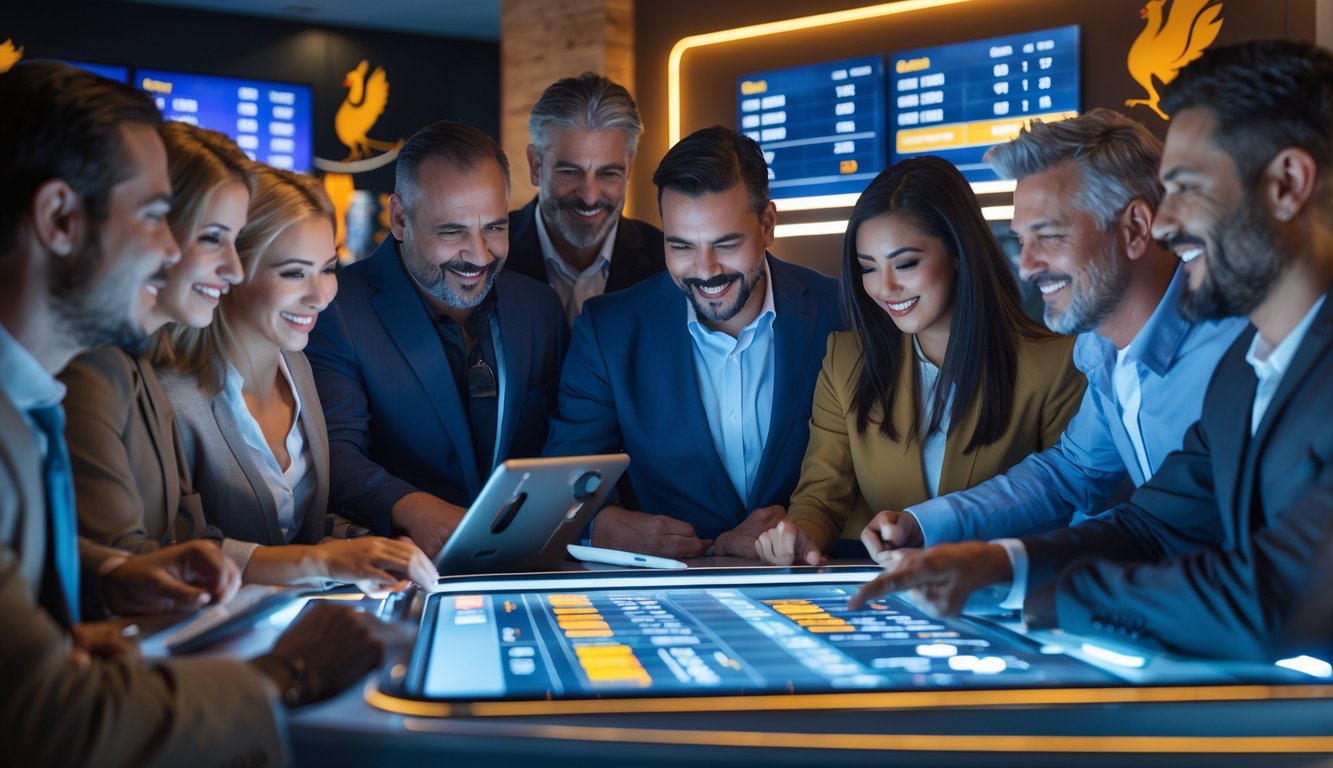 Sekelompok orang sedang berkumpul di depan mesin taruhan dengan layar digital menampilkan informasi taruhan sabung ayam.