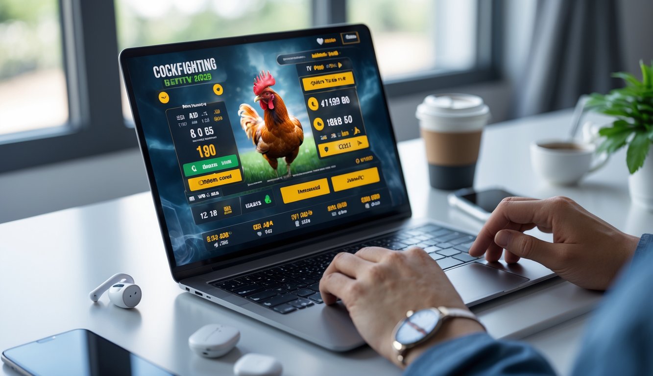 Orang menggunakan perangkat digital untuk memasang taruhan judi sabung ayam secara online dengan antarmuka taruhan yang terlihat di layar.