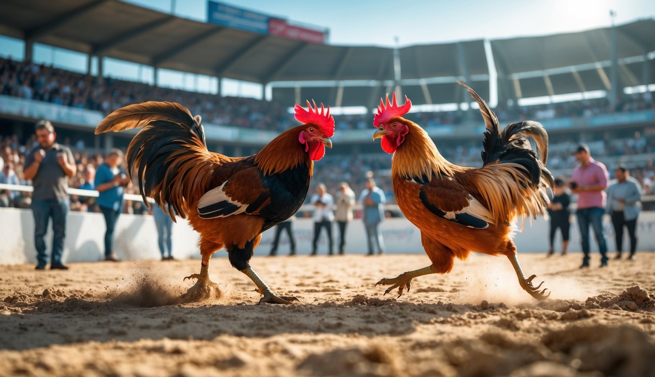Arena sabung ayam dengan dua ayam jago bertarung dan penonton yang mengamati dengan serius.