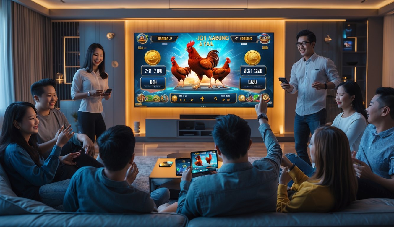 Sekelompok orang dewasa berkumpul di ruang tamu modern menonton dan bermain judi sabung ayam digital di layar televisi besar.