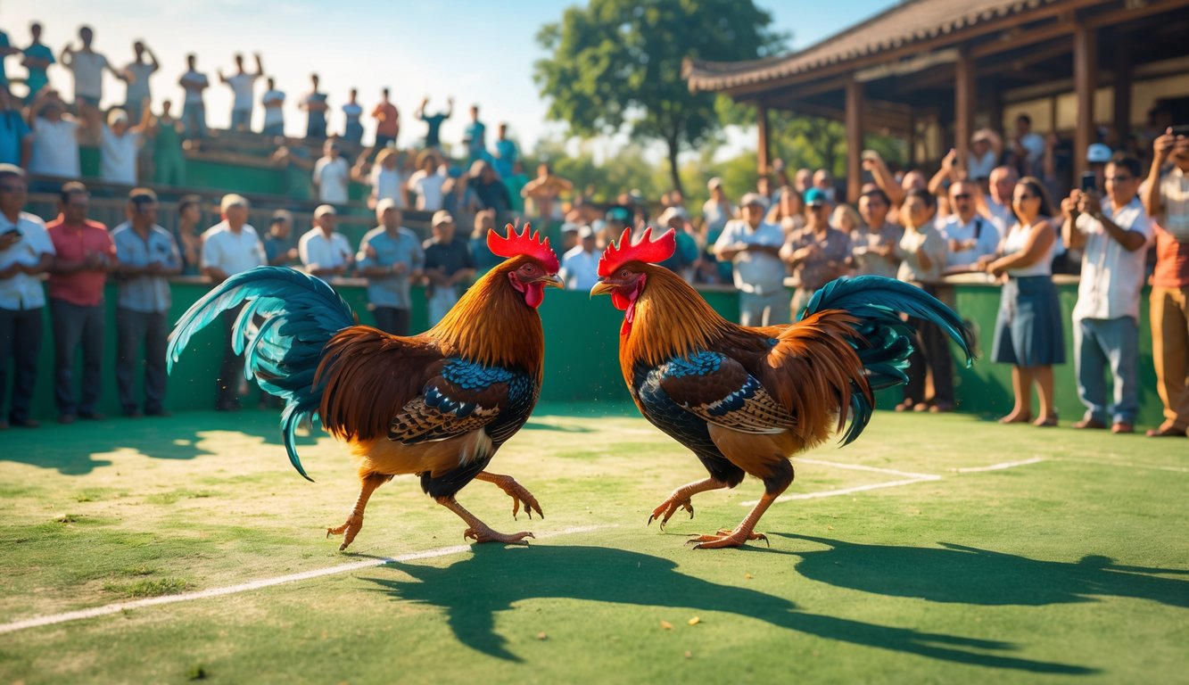 Dua ayam jago sedang bertarung di arena dengan penonton yang antusias menyaksikan dari tribun.