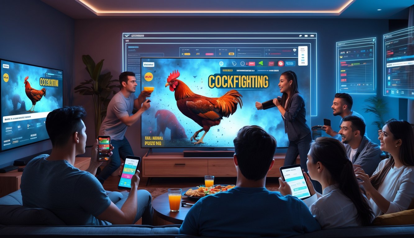 Sekelompok orang muda menonton sabung ayam secara langsung di ruang tamu sambil menggunakan ponsel dan tablet untuk bertaruh secara digital.