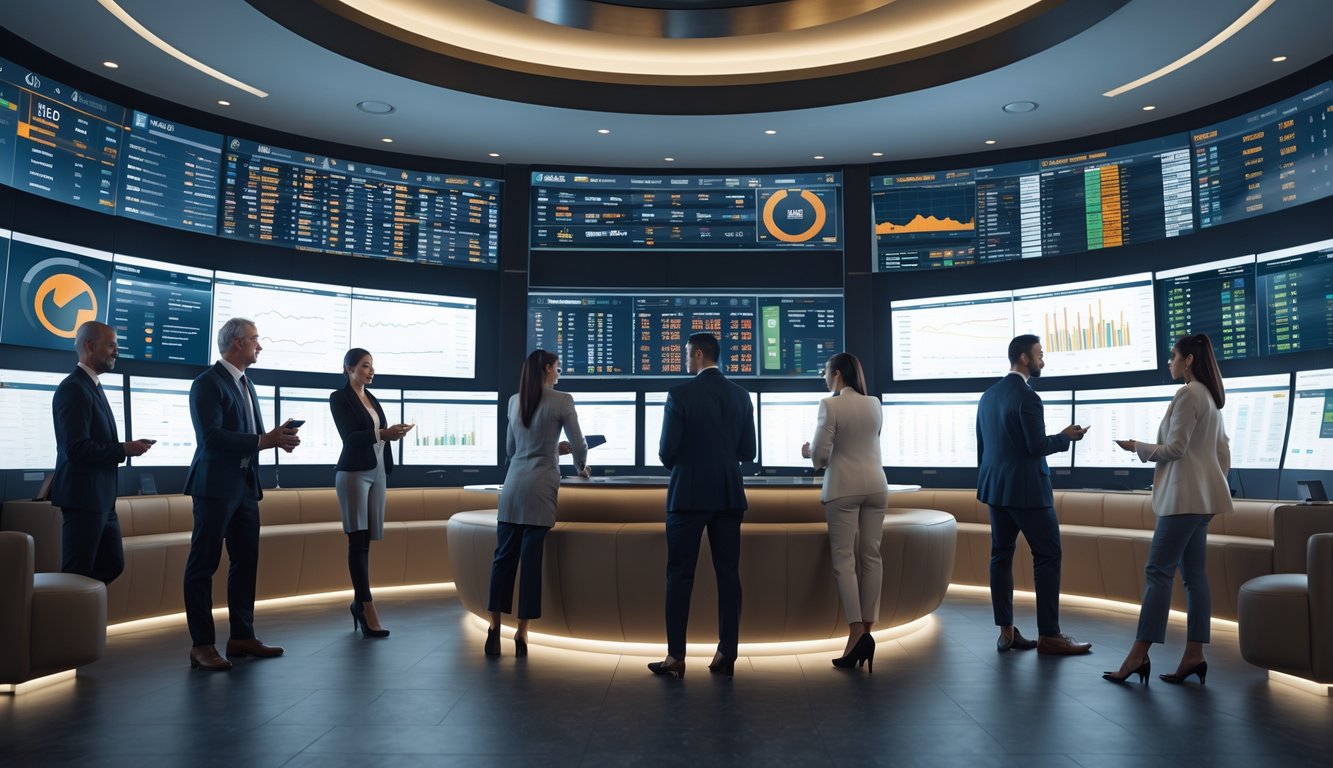 Orang-orang sedang menggunakan layar digital besar untuk bertaruh pada berbagai olahraga di ruang taruhan modern yang terang dan profesional.